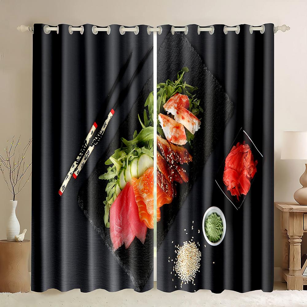 Funny Japanese Food Sushi Print Curtains for Kids Living Room Bedroom Kitchen Window Drape Right Biparting Open Drapes 2 Panels