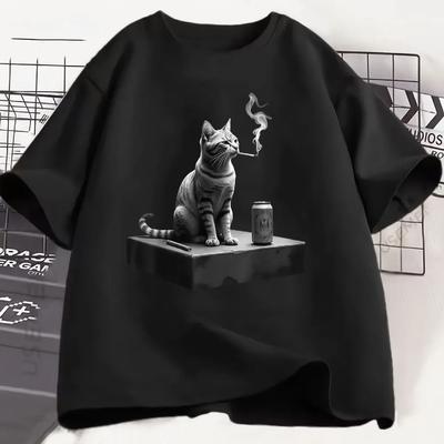 Hipster Men's Women Love Cat Street T-shirt Funny Smoking Cat Meme T Shirt Aesthetic Hip Hop Retro Tee Casual Tshirts Streetwear