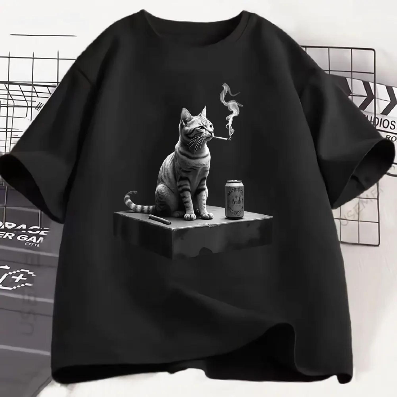 Хипстер Мужская Женская Любовь Кот Уличная Футболка Смешная Курящая Кошка Мем Футболка Эстетичная Хип-Хоп Ретро Футболка Повседневные Футболки Стритвир S