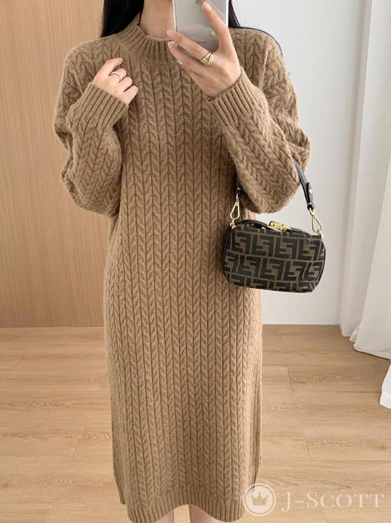 J-Scott Women's Knit Cable Knit Dress, Round Neck, Knee-Length, I-Line, Brown, JS118-BR-M (Limited Stock)