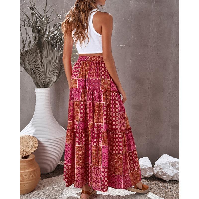 Letní dámská sukně Bohémská plážová sukně s potiskem Oversized Swing Sukně do půl těla