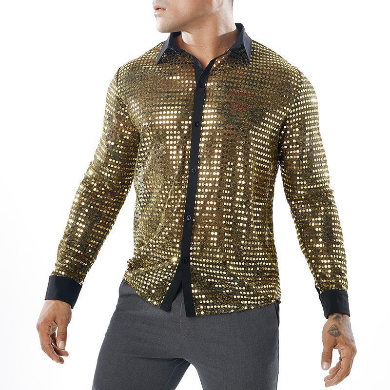 Summer Men's Long-sleeved Performance Clothes Striped Shirts Buttons And Sequins Shiny Shirts For Disco Parties Nightclubs