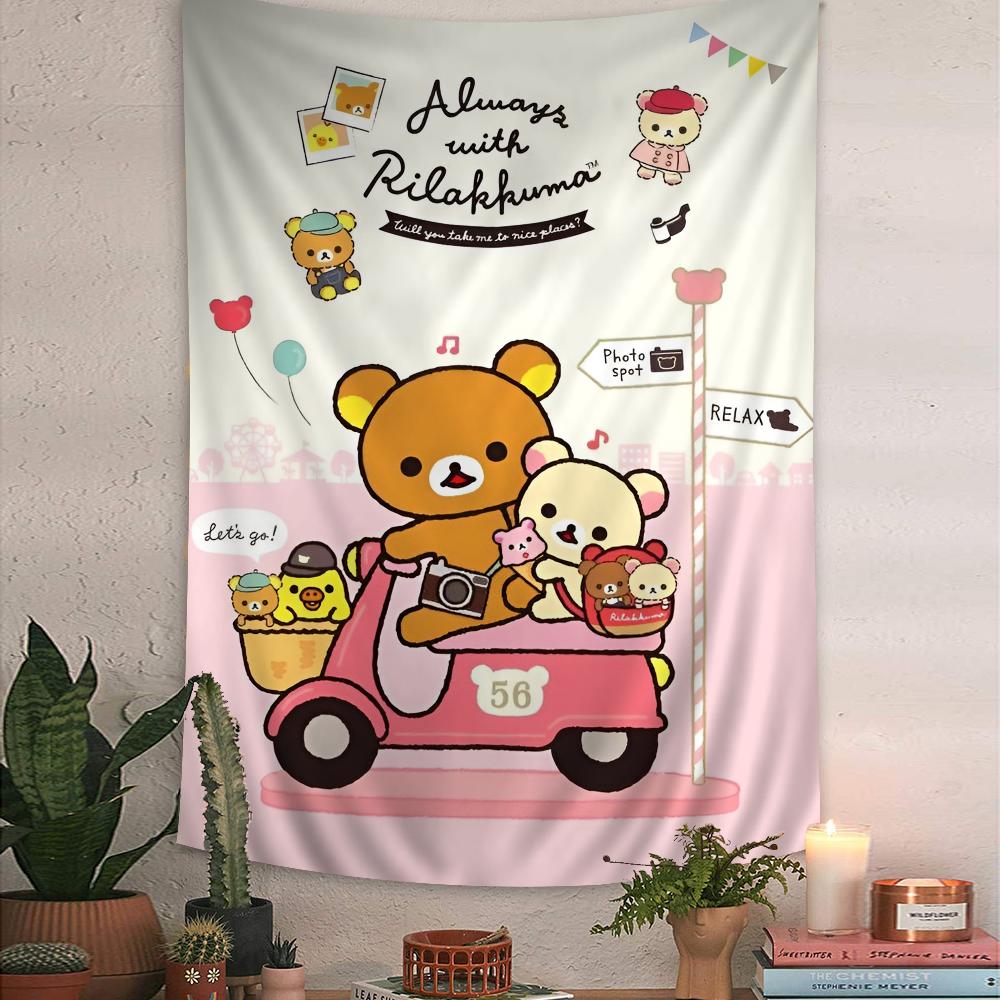 Rilakkuma Korilakkuma Scooter Tapestry Cute Pink Wall Hanging with SanX Characters Ideal for Cozy Bedroom Kawaii Decor