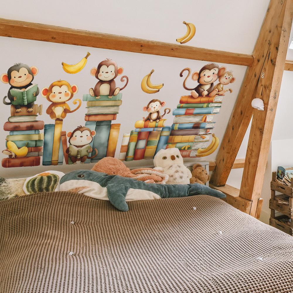 Self-adhesive Wall Stickers Cartoon Monkey Reading Book for Kids Room Bedroom Nursery Home Decor