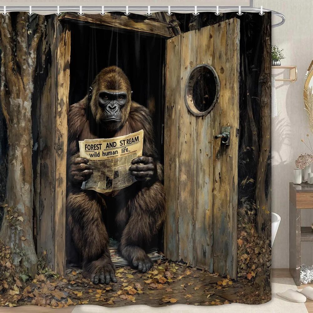 Funny Gorilla Printed Shower Curtain Fancy Humor Chimpanzee Reading Newspaper For Bathroom Decor