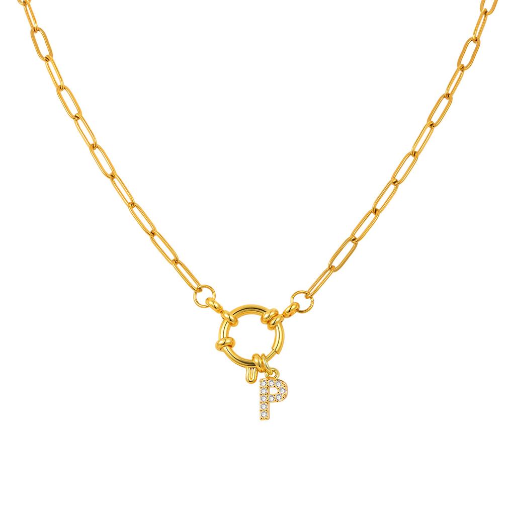 Stainless Steel Plated 18K Gold Stylish Simple Small Square Chain Bubble Buckle Copper 26 Letter Necklace Nc-1887