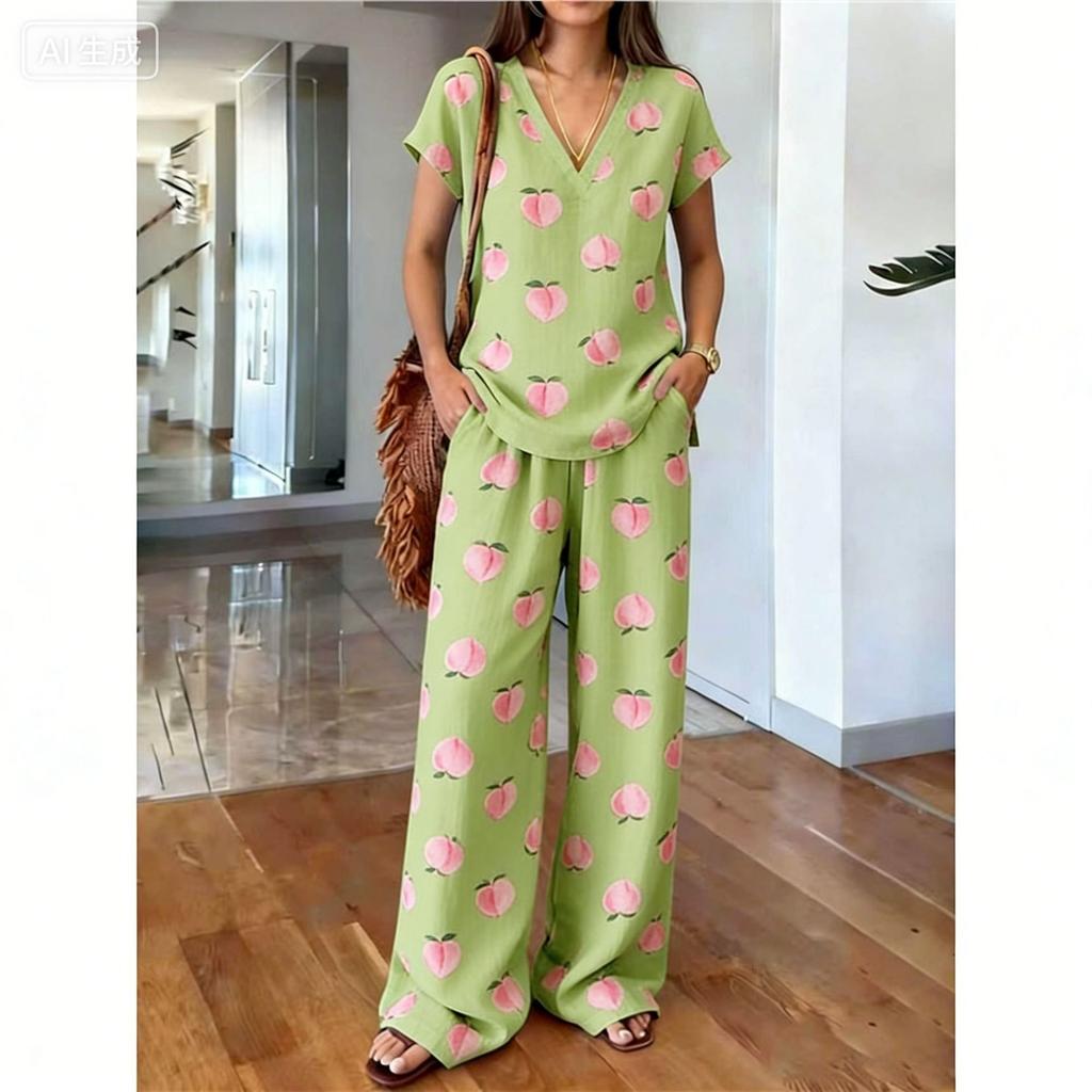 1116 Summer Vintage Print Set Elegant V-Neck Cut, Loose Wide Leg Pants Atmosphere Vacation Two-piece Set Women