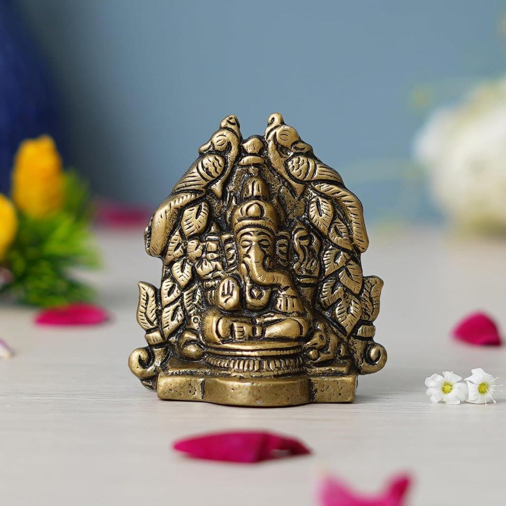 Metal Handcrafted Golden Lord Ganesha Idol On Peacock Design Throne - Decorative Religious God Statue for Home