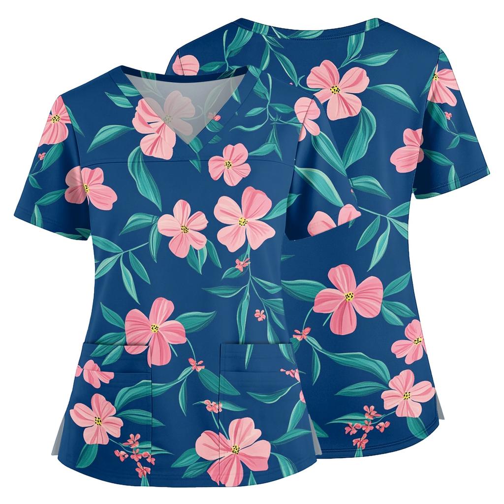 Medizinisches Kasack-Oberteil mit Blumendruck, V-Ausschnitt, Taschen und Seitenschlitzen, Kurzarm, Krankenschwester-Uniformhemd für Damen