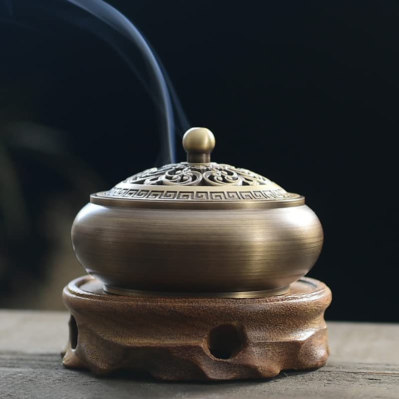 [BERESHITH] Oriental-style Incense Burner and Incense Holder Set with Lid, Antique Copper, Stylish Interior, Buddhist Altar Accessories (Medium)