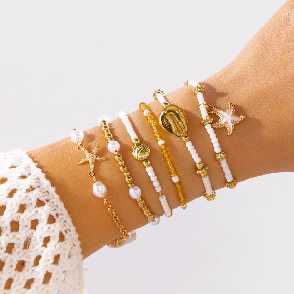 Gold Color Shell Bracelet Set Open Bangle Starfish Shell Bohemian Bracelet Set Handmade Multilayer Stacked Beaded Bracelet Set