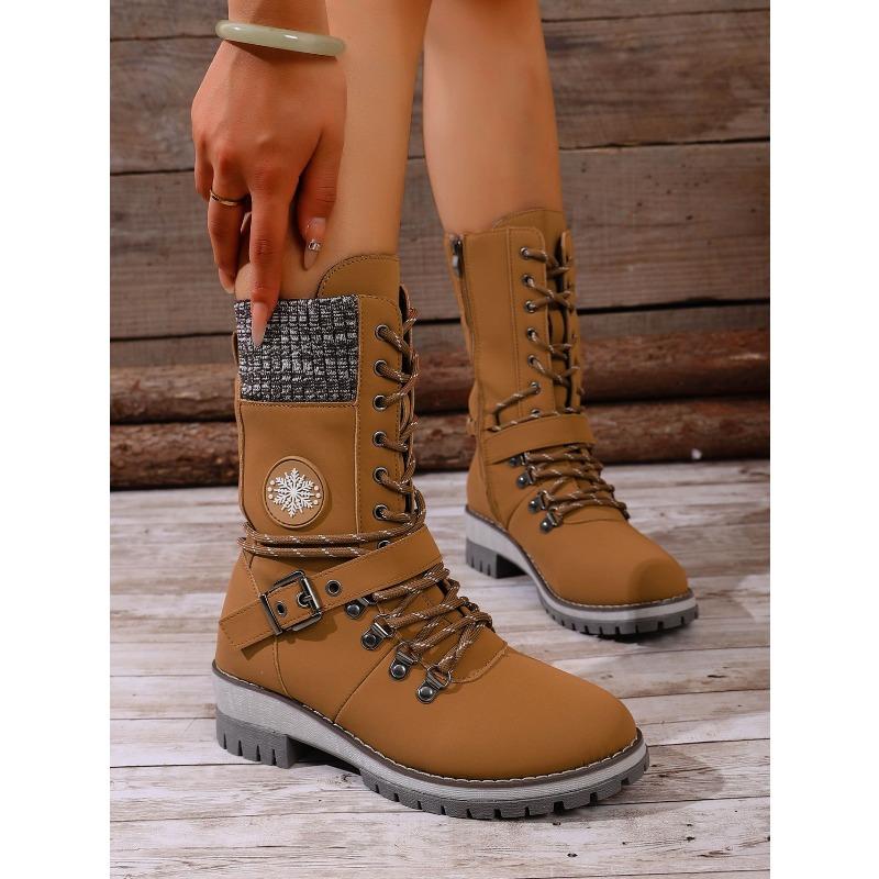 Plus Size Mid-Calf Women's Boots 2025 Winter New Arrival Round Toe, Square Heel Leather Buckle & Knit Panel Combination Martens-Style Boots