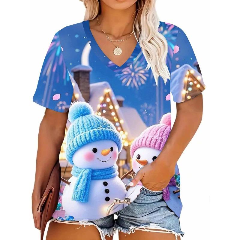 Summer Women 3D Print Plus Size T-shirt V-neck Short Sleeved Loose Casual Top Fashion Women T-shirt Street Wear