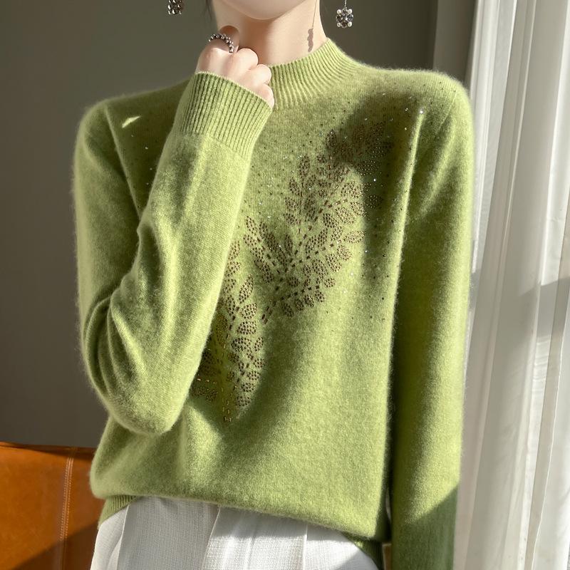 Thick Sequin Leaf Knit Sweater for Women - Autumn/Winter Half-High Collar