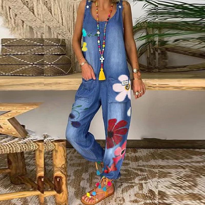 Mono rasgado con bordado Floral para mujer, peto vaquero sin mangas a la moda de verano para mujer