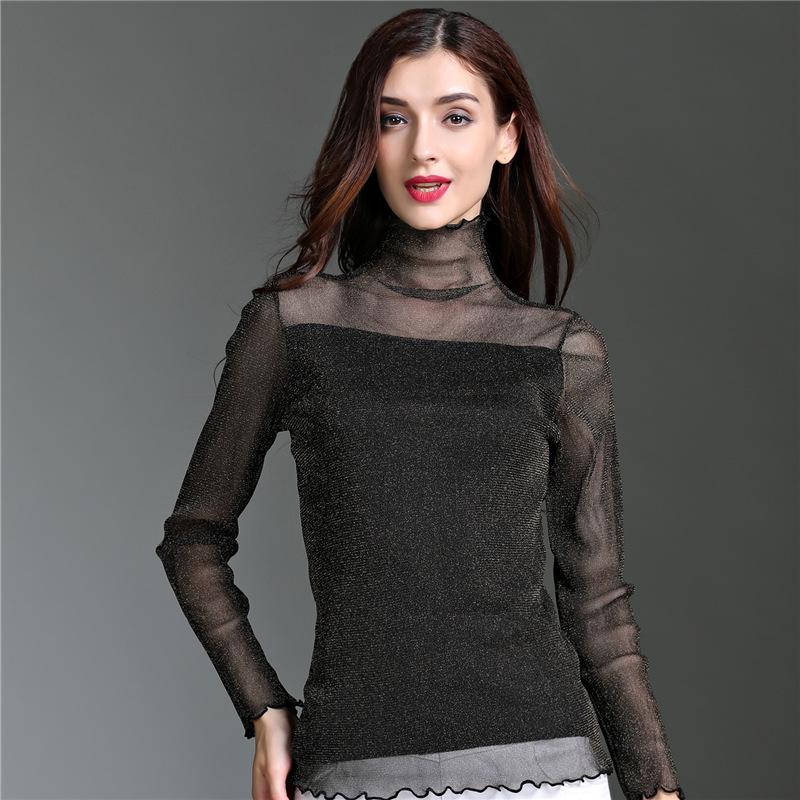 2024 Damen High-Neck Patchwork Mesh Top mit Gold- & Silberfäden - Vielseitige Langarm See-Through Basisschicht