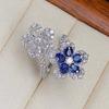 2023 Korean Fashion Temperament Blue Crystal Twisted Leaves Flowers Ring for Women  Sterling Silver  Party Ring