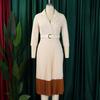 Women's Long Sleeve Blazer Dress V Neck Notched Lapel Pleated Swing Midi Dress Business Office Work Dress with Belt