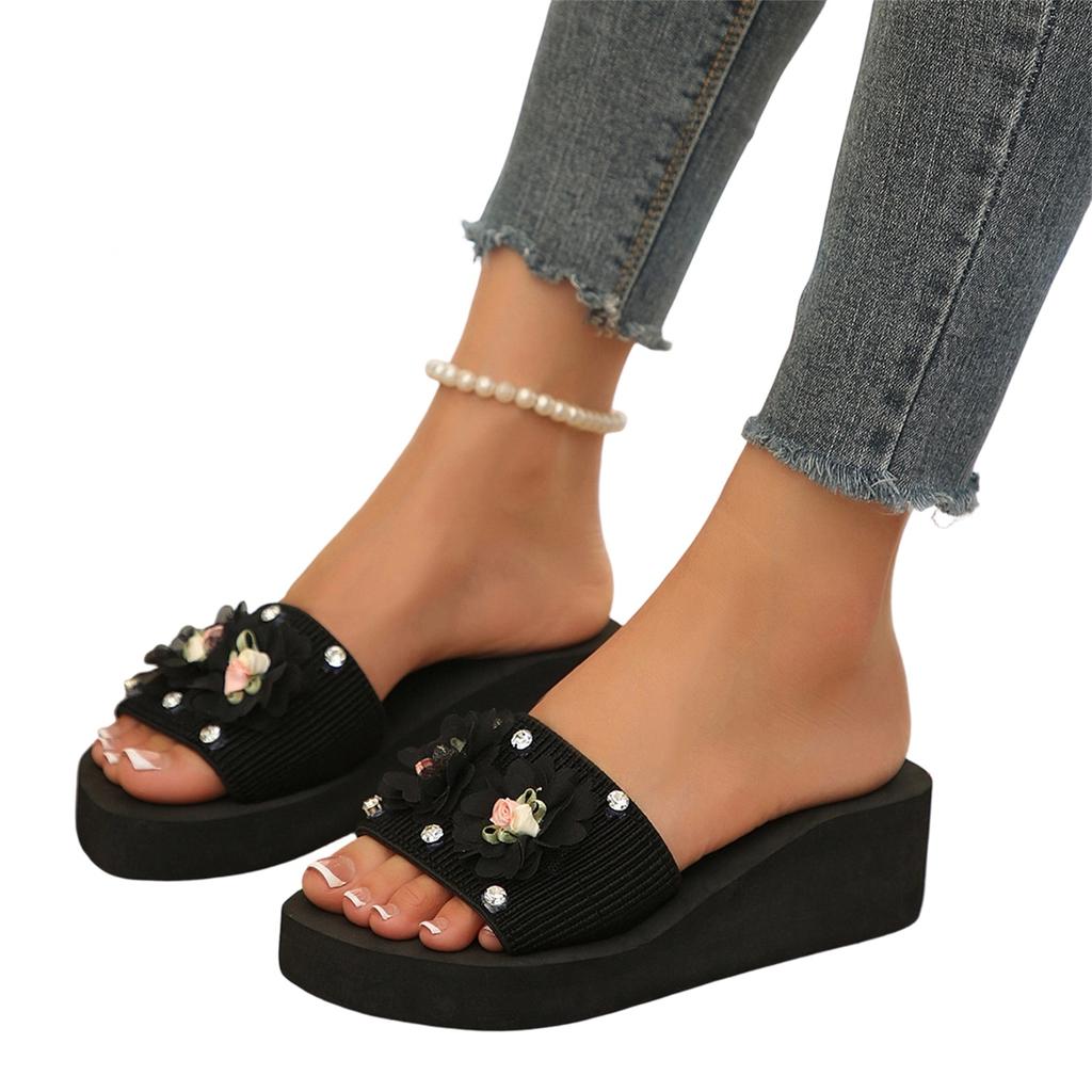 Women's Platform Slide Sandals Floral Embellished Thick Sole Open Toe Casual Slip On Summer Footwear