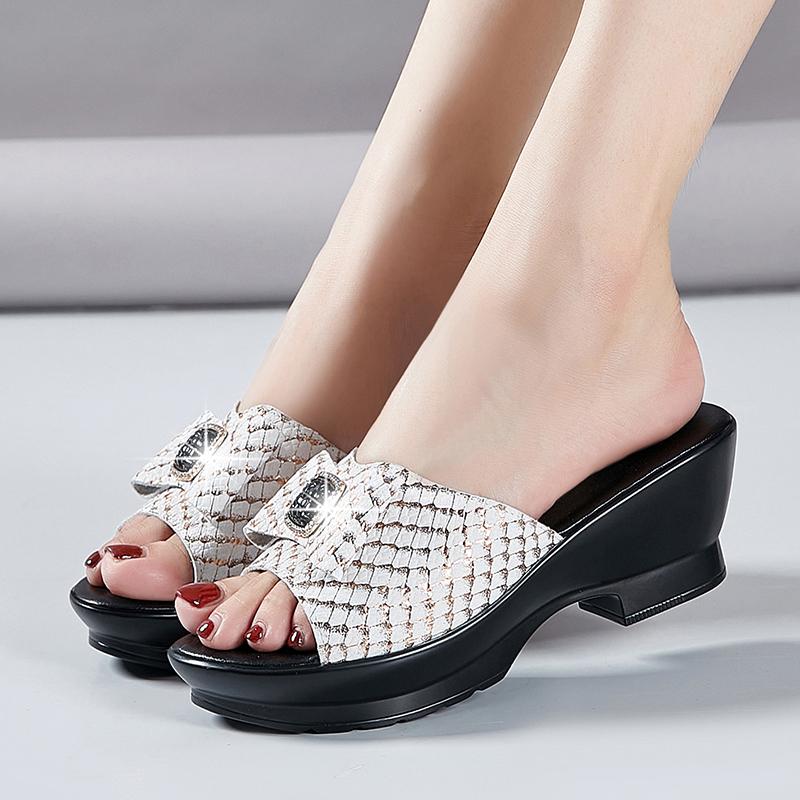 Fashion GKTINOO Summer Women‘s Slippers Sandals 2025 High Heel 5cm Fashion Platform Genuine Leather Slides Ladies Shoes Non-slip Casual