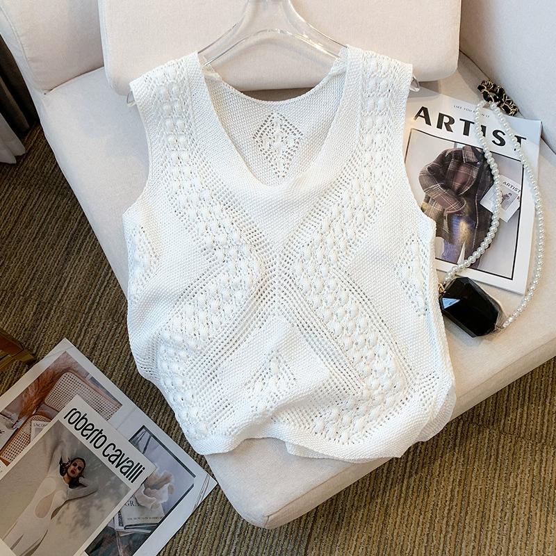 

Летний и осенний дизайн без рукавов жилет с разрезом Hollow Ice Silk трикотажная рубашка топ для женщин One Size белый