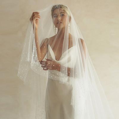 2 Tiers Wedding Veil Long Pearls Beaded Bridal Veils with Blusher Cover Face Cathedral Soft Tulle Wedding Accesories V171 Veils