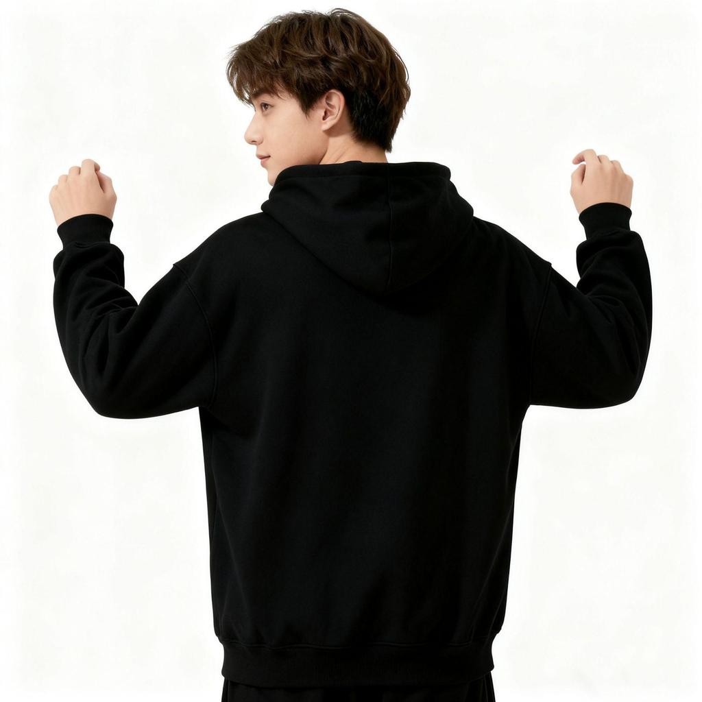 Unisex Black Loose-Fit Fleece Hoodie - Classic American Style for Fall/Winter