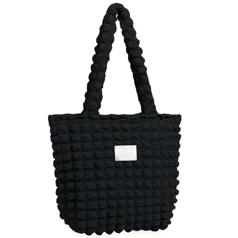 

[EOMECUIGAO] popcorn bag tote bag ladies With zipper shoulder bag large capacity Popularity commute quilted tote bag (black)