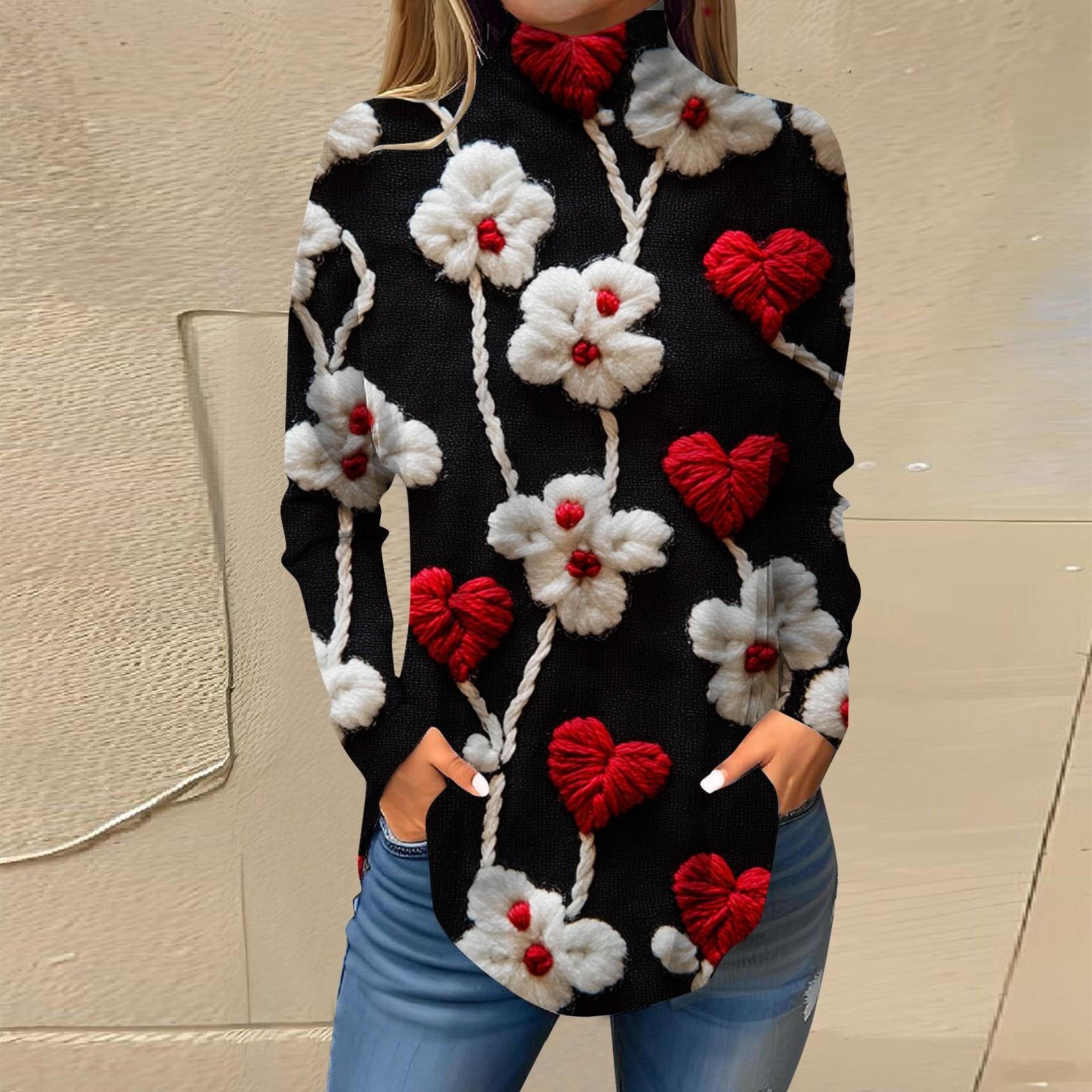 

Жіноча вільна водолазка з принтом до Дня Святого Валентина, футболка з довгими рукавами, джемпер XXL чорний