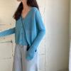 Women Summer Thin Knitted Shirt Top Cardigan V-Neck Full Sleeve Single-breasted Sunscreen Loose Solid Color