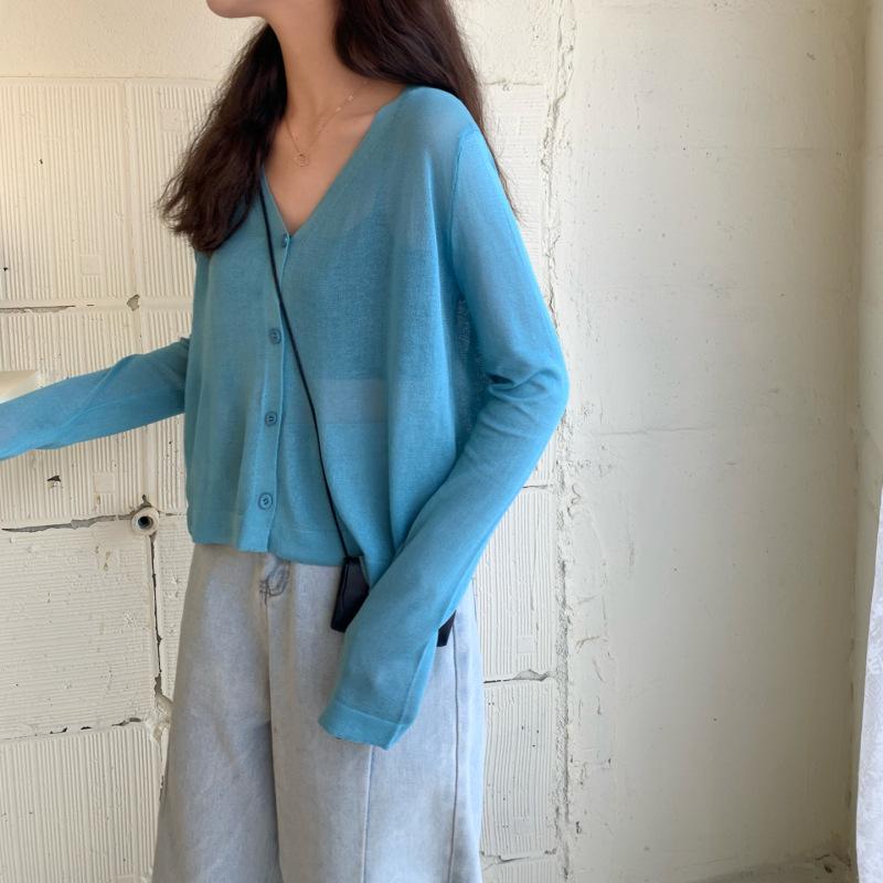 Women Summer Thin Knitted Shirt Top Cardigan V-Neck Full Sleeve Single-breasted Sunscreen Loose Solid Color