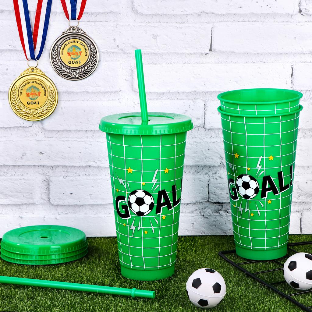 10 Pcs 24Oz Plastic Football Cups Reusable Tumbler With Lid And Straw Decorated Soccer Birthday Party Gifts For Coach Fan Men Wo