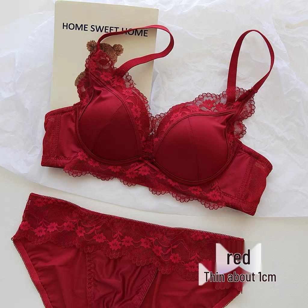 French Lace Satin Lingerie Set: Push-Up, Wire-Free, Anti-Sagging Bra for Small Busts