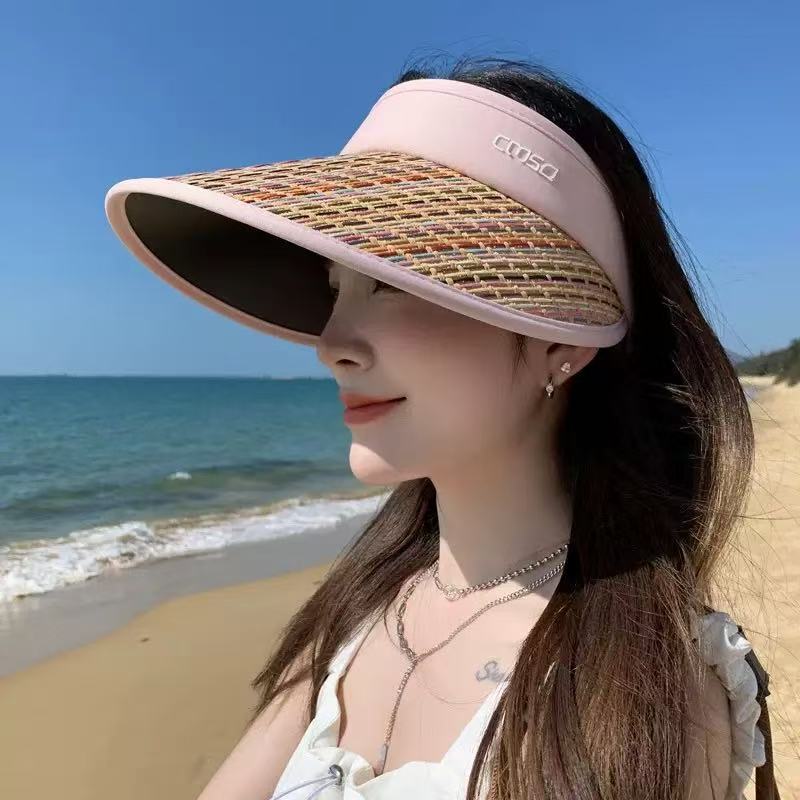 Summer UV Protection Empty Top Sun Protection Hat Women's Big Brim Rainbow Beach Shade Straw Hat Cycling Face Cover Sun Hat