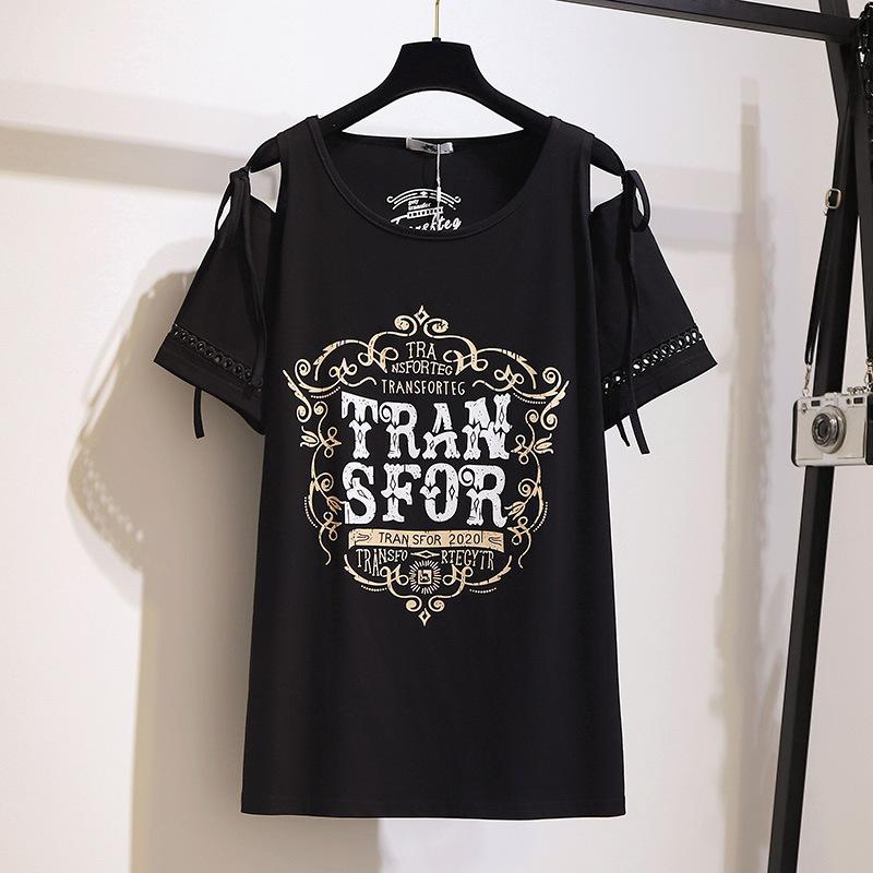 Sommer Große Größen Damen T-Shirt Trägerlos Rundhals Lose Vielseitig Bedruckte Kurzarm Tops