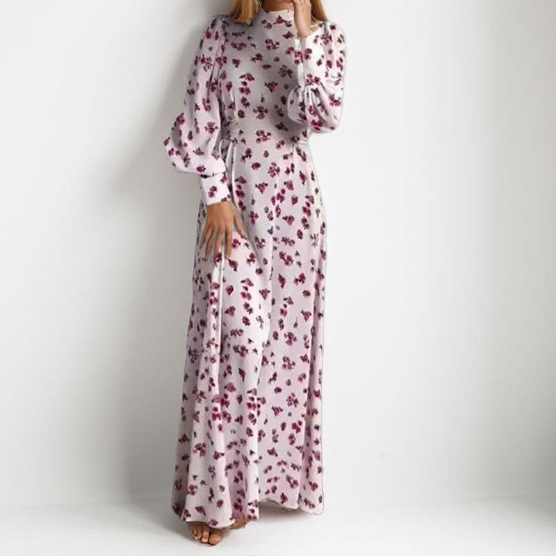 

2025 Elegant Floral Lantern Sleeve Dress with Stand-up Collar for Women 2XL
