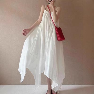 Verão 2025 novo vestido longo minimalista com bainha irregular e alças, feminino, solto e bonito, cor sólida, sem mangas, vestido para fotografia de viagem