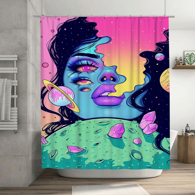 

Bright Galaxy Shower Curtain Set With Cosmic Space Woman Artwork For Bathroom Decor Pink Blue Yellow Green Colors + Rod Pocket + W60H190(CM)-1 Pcs