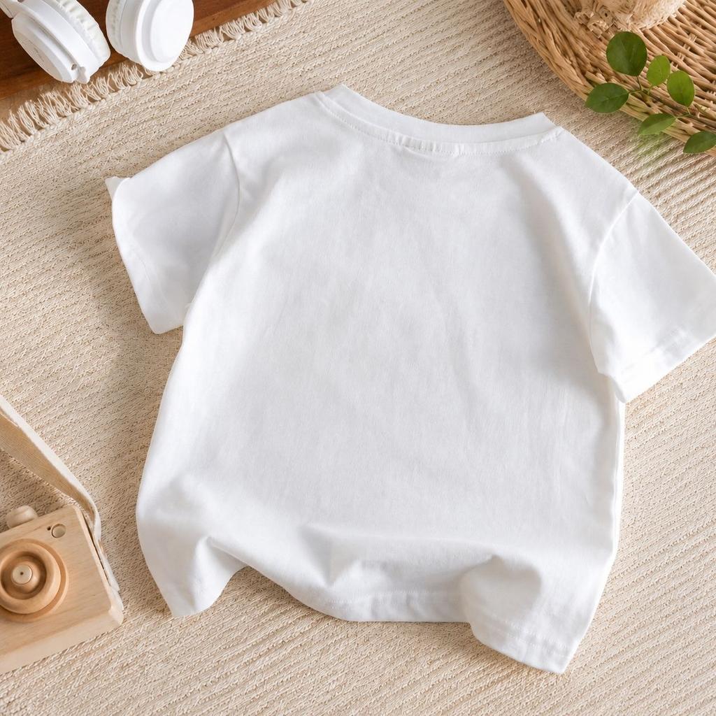 Kids Cotton Short Sleeve T Shirt with Bear Embroidery Pocket for Boys and Girls Summer