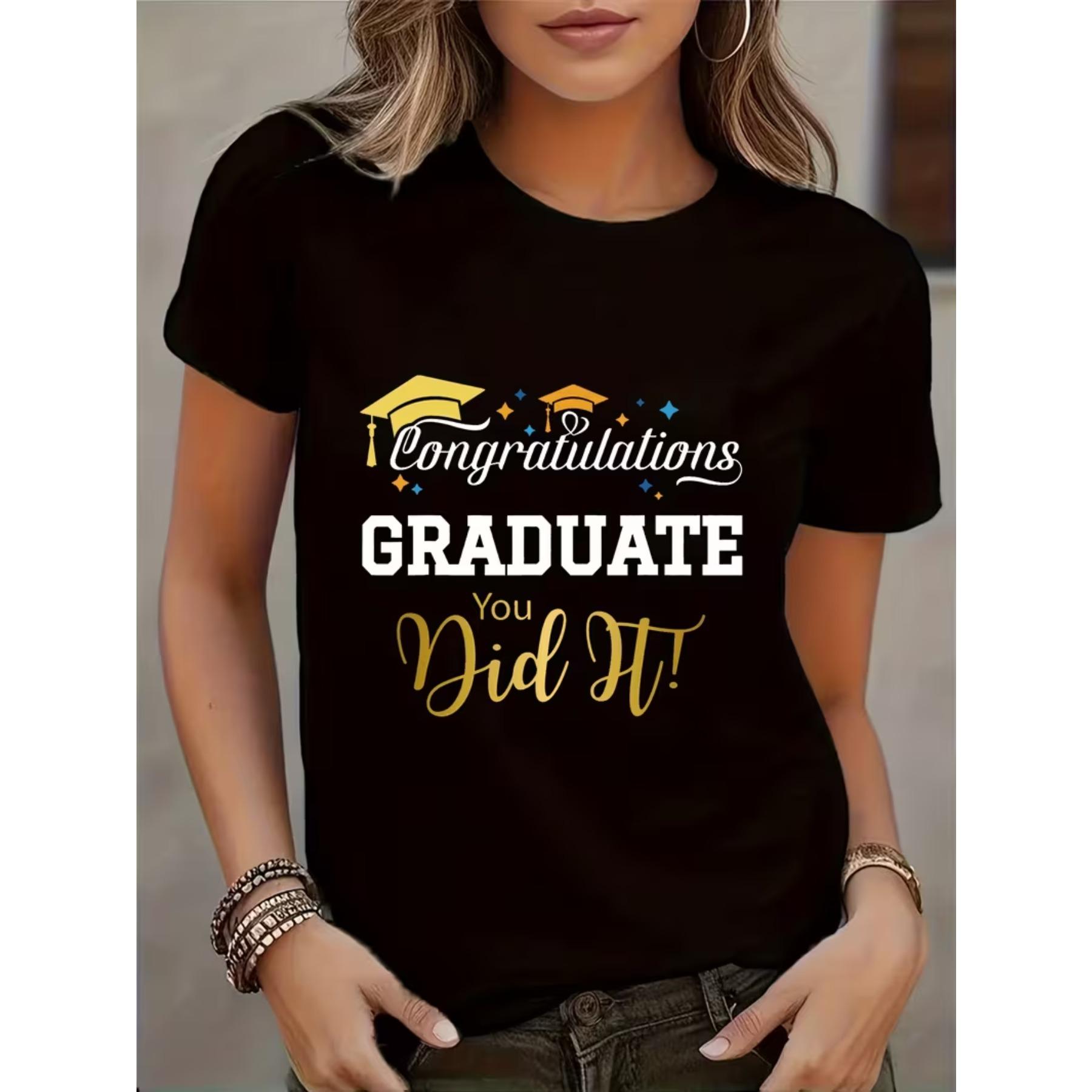

Graduation Season Themed Print Round Neck T-Shirt Short Sleeve Casual Top Spring Summer Women s Clothing XXL чорний