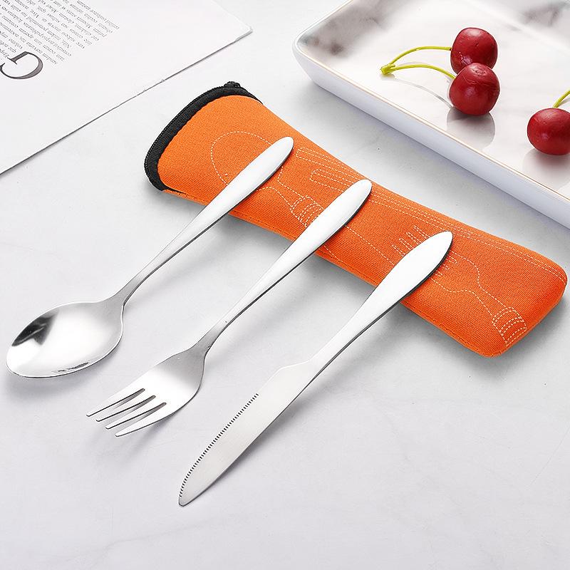 Portable Stainless Steel Western Cutlery Set: Knife, Fork, Spoon & Cloth Bag - Creative Three-Piece Gift Set