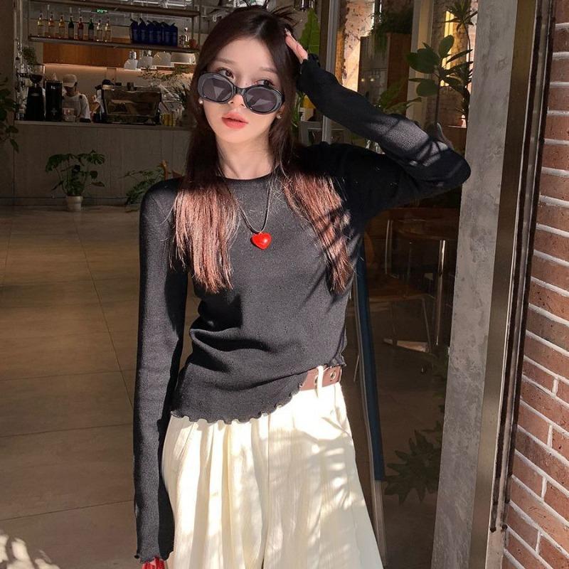 Solid color bottoming shirt women's design sense fungus edge thin inside knitted sweater top
