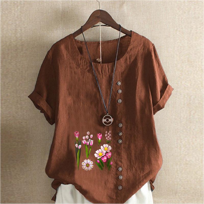 Women's Fashion Flowers Print Short Sleeve T-shirt Loose Cotton Shirt Casual Loose Summer Blouse Tops Plus Size