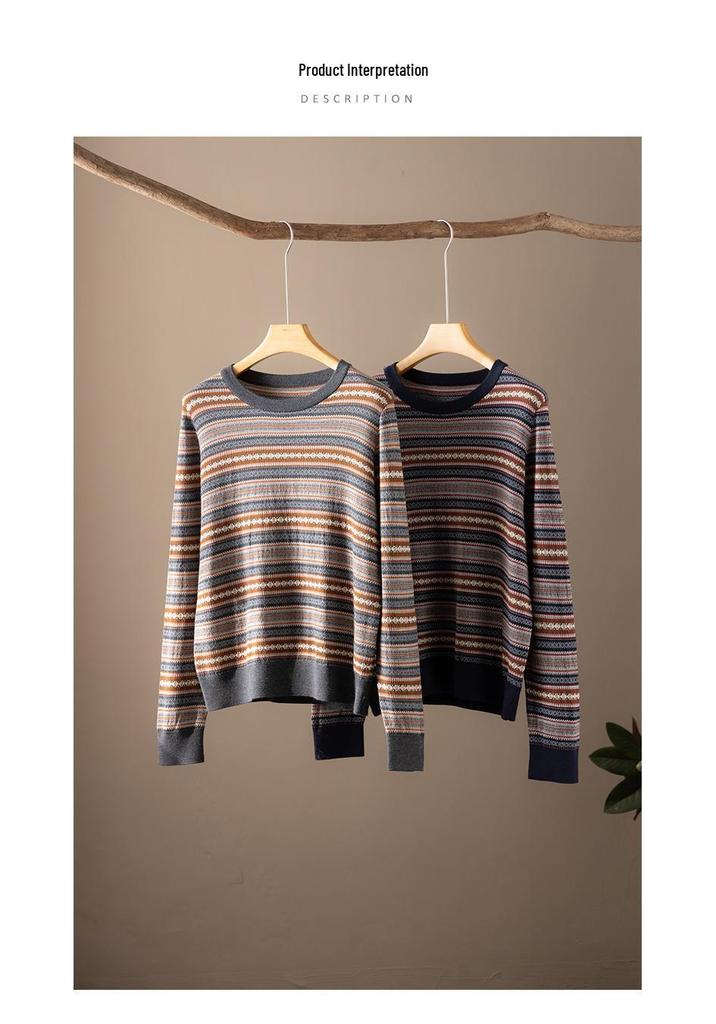 Women's Elegant Fine-spun Wool Striped Fair Isle Jacquard Sweater for Spring/Autumn 2026