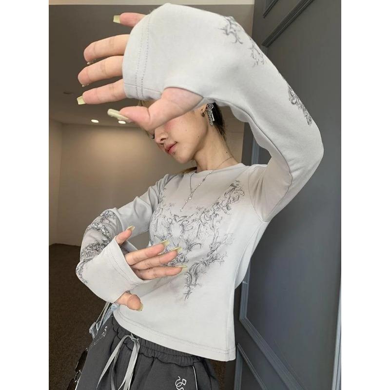 Slim Long Sleeve Blouse Ladies Temperament Spring and Autumn O Collar Printed Thin Blouse Grey