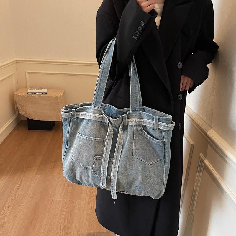 Vintage Shoulder Bag Women's Denim Tote Bag Large Capacity Student Class Bag