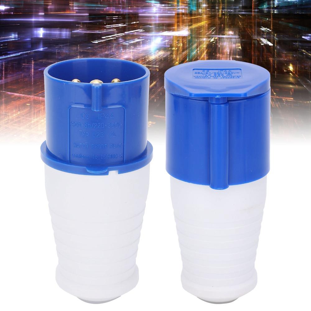 2 Pcs 3Pin SinglePhase Industrial Plug Connector 32A 220-250V Brass Rod Industrial Power Waterproof Blue Power Plug Set