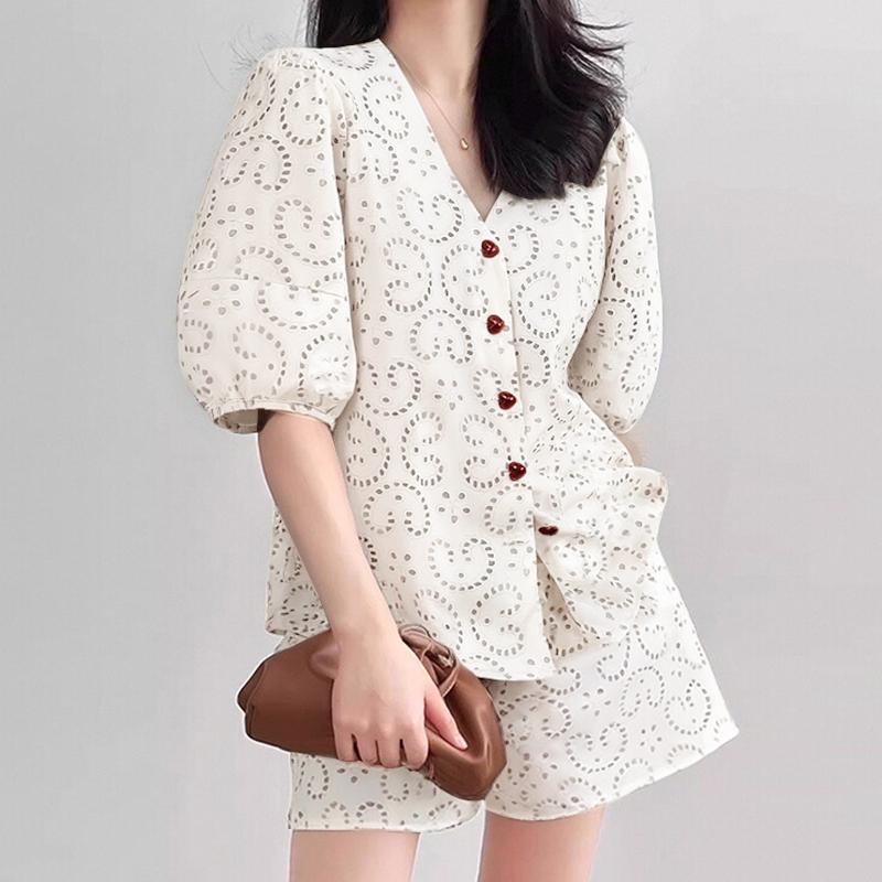 ZANZEA Women Summer V-Neck Bubble Short Sleeve Shirt Pocket Shorts Two Piece Suit Sets