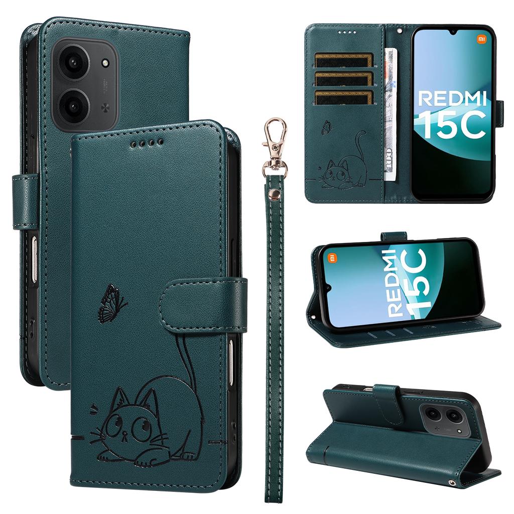 For Xiaomi Redmi 15C 4G (171mm) Case Cat Pattern Imprint Leather Phone Cover with Wrist Strap