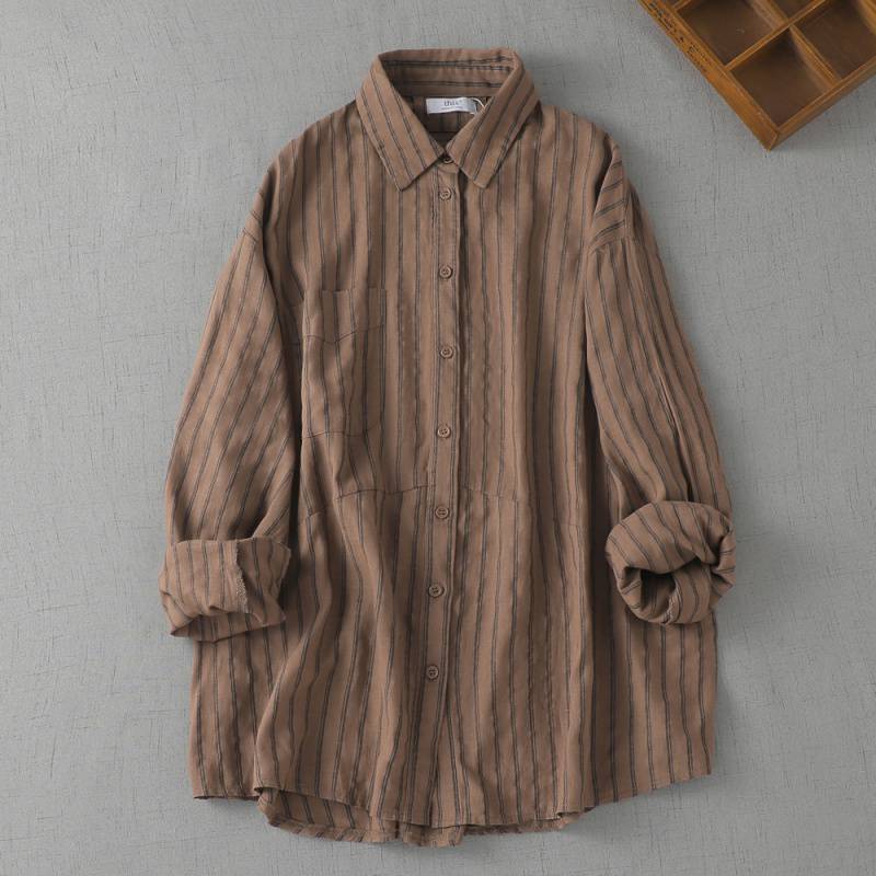 Spring Autumn Vintage Blouses Striped Pockets Patchwork Long Sleeve Shirts Casual Loose Women Clothing